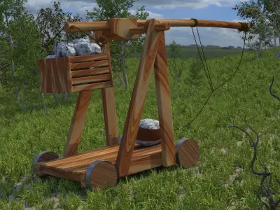 Trebuchet wooden wheelbarrow in middle of field 3D model