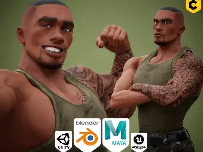 Muscular Soldier Man Cartoon Game Character Rigged Low-poly 3D model
