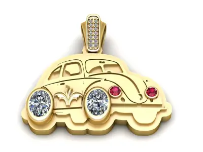 Classic Beetle Car Pendant with Gemstone Wheels  3D  3D print model