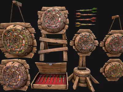 Medieval Target  Dart Board Darts Set Low-poly 3D model