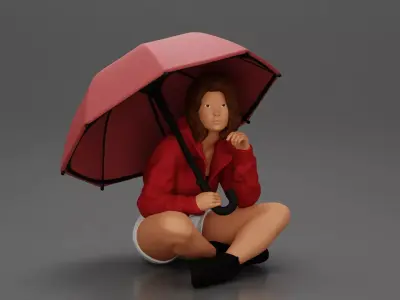 Pretty Girl with an Umbrella in Jacket and Shorts Sitting 3D print model