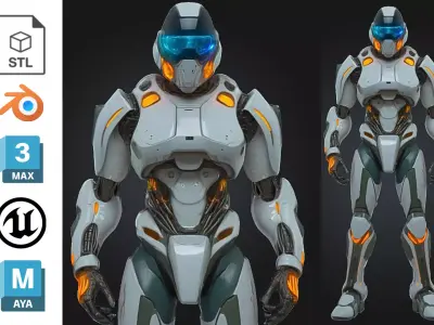 Futuristic White Orange Mech Low-poly 3D model