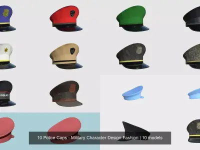 10 Police Caps - Military Character Design Fashion 3D Model Pack