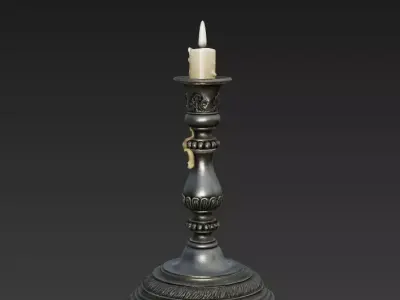 Gothic Ornamental Silver Candlestick Game Ready PBR 3D model