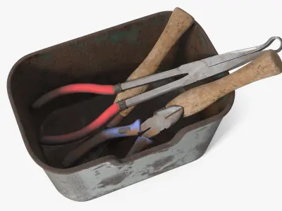 Old Hand Tool Set in Rusty Metal Tray 3D model
