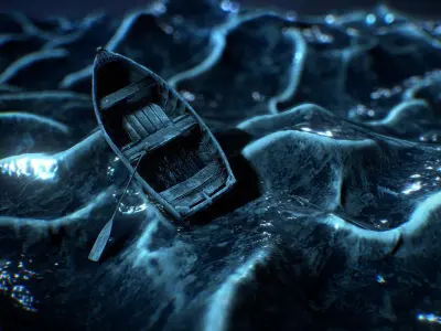 Adrift boat floating in water under starry sky Low-poly 3D model