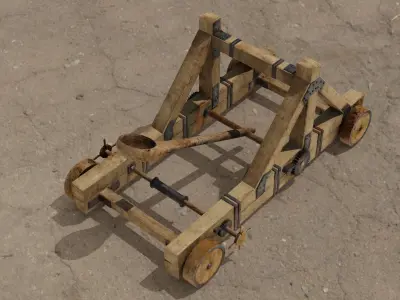 Catapult PBR 4K wooden cart Low-poly 3D model