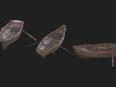 a small wooden boat with two oars 3D model