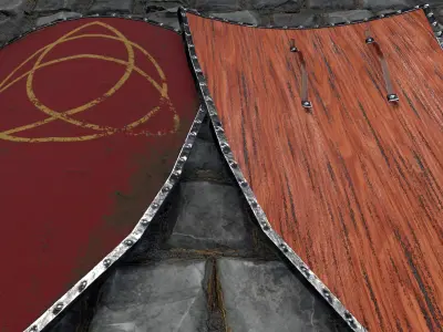 Medieval round shield with a  cross and genuine leather straps Low-poly 3D model