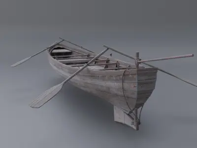Rowboat wooden boat with two oars Low-poly 3D model