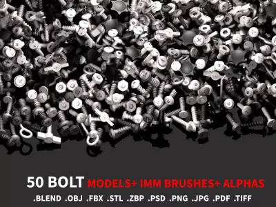 50 BOLT  IMM BRUSHES and  AlPHAS  and MODELS Low-poly 3D model