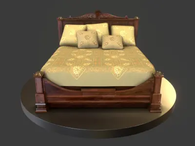 Vintage Wooden Bed Low-poly 3D model