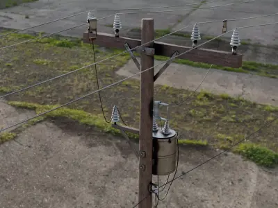Realistic Wooden Electric Utility Pole with Transformer 3D model