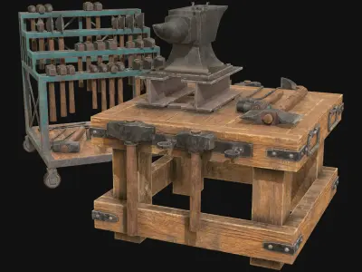 Anvil with Ironwork Tools and Rack 2 Low-poly 3D model