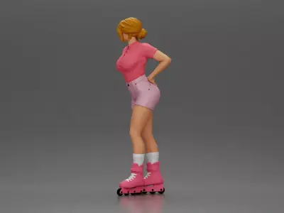 Roller skater strikes pose in pink shirt shorts and skates 3D print model