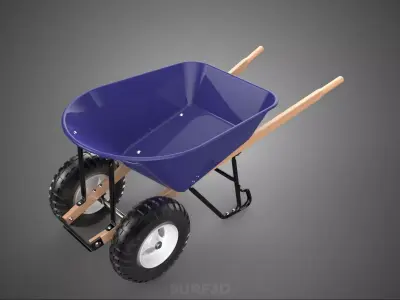 PURPLE BLUE BUCKET TRAY CART WOOD HANDLES TWO WHEEL WHEELBARROW 3D model