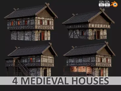 4 Old Medieval Building House Pack 4K Tex GameReady 45 to 48 Low-poly 3D model