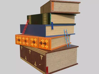 Fantasy Book Stack Display with Ladders Low-poly 3D model
