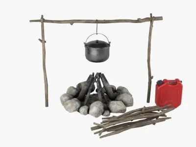Campfire fire pit with pots and pans Low-poly 3D model