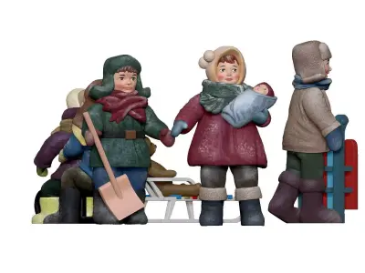 001328 kid girl in winter purple jacket with baby toy 3D model
