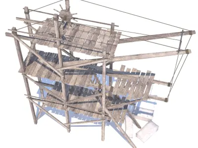 Old wooden scaffolding with handle crane 3D model
