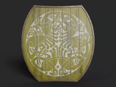 Slavic hybrid shield-painted yellow with nordic symbol Low-poly 3D model
