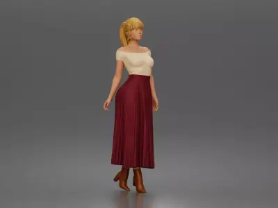 shopper strolls downtown wearing off shoulder top pleated skirt 3D print model