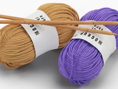 Mockup Wool Yarn Pair with Knitting Needles Fur 3D model