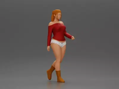 woman walking with purpose wearing top white shorts brown boots 3D print model