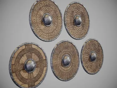 Round shield with carved nordic ornament Low-poly 3D model