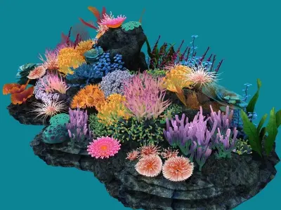 Coral corals and plants on rock 3D model