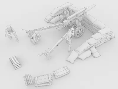 Korean soldiers firing 105mm howitzers during the Korean War 3D model