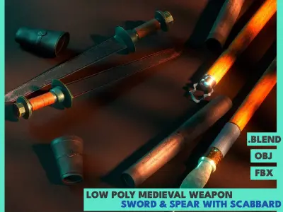 Low Poly Medieval Weapon Sword and Spear with Scabbard Low-poly 3D model