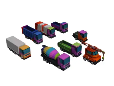 Low Poly Truck Pack 8 Models Optimized Transport Vehicle Set Low-poly 3D model