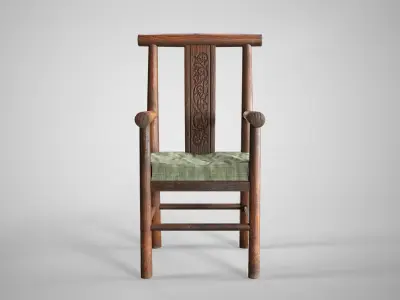 Old Wooden Armchair - Rustic Medieval Chair With Cushion Low-poly 3D model