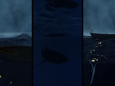 A boat in the middle of a storm in the ocean CGI 3D model