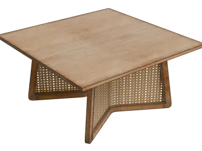 Square Coffee Table With Wooden Top And Rattan Base Low-poly 3D model