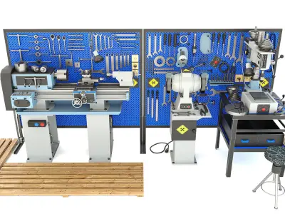 workbench garage tools and lathe grinder drilling machine 3D model