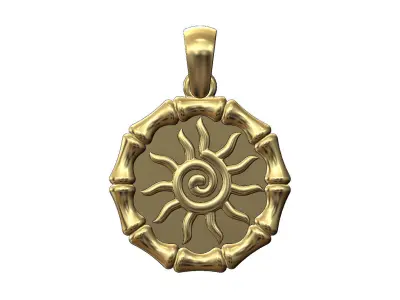 Sun scroll burst bamboo pattern pendant coin with bail 3D print model