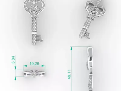 Elegant Open Heart Diamond Key Pendant Necklace 3D print model