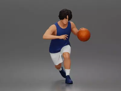 Basketball player drives forward dribbling ball wearing jersey 3D print model