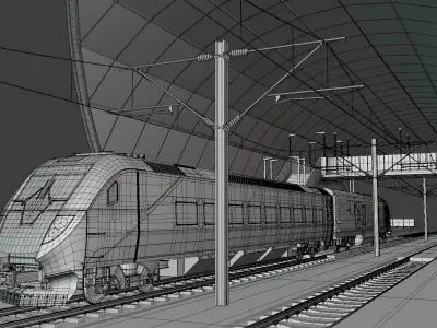 Bridge and station with american train 3D Model Pack