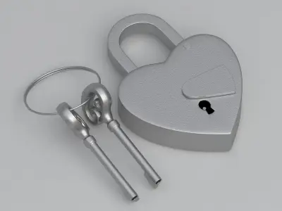 Vintage Love Heart PADLOCK With SKELETON Keys Silver 3D model