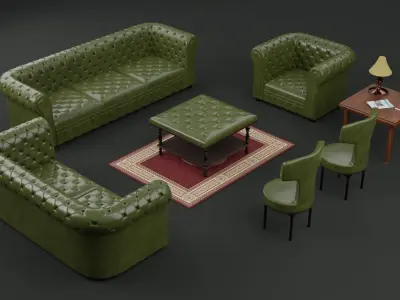 Chesterfield Realistic Leather Antique Green Sofa Set Collection Low-poly 3D model