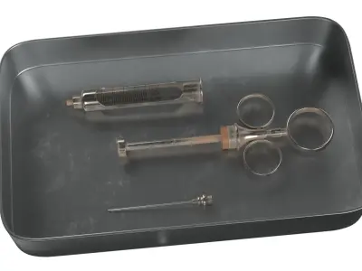 Medical Tool Tray with Syringe Vintage 3D model