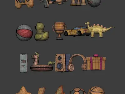 Cartoon Icon Pack - Game Controller - Plane - Car - Gun - Ball Low-poly 3D model