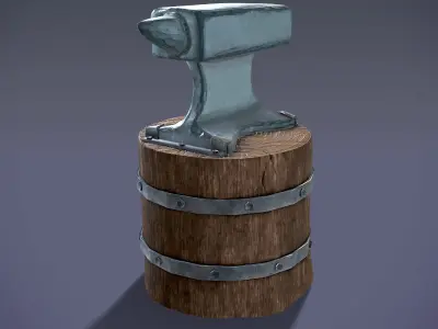 Low Poly Anvil wooden barrel with hammer Low-poly 3D model
