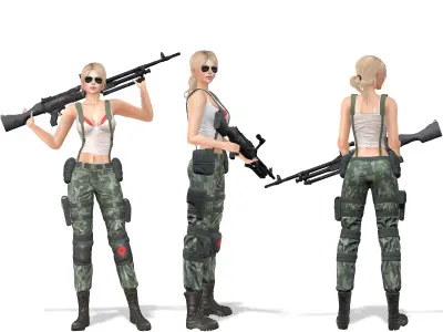 Female Casual Military Combat Outfit Top Pants Boots Gun Low-poly 3D model