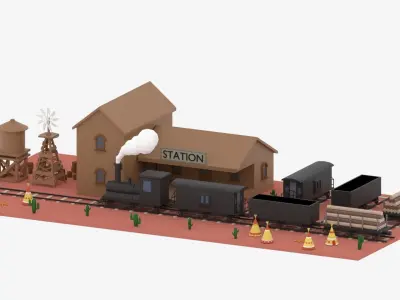 Old Wild West Train and Staion Low-poly 3D model