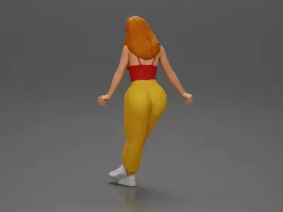 Woman sitting on car in red top yellow pants striking playful 3D print model
